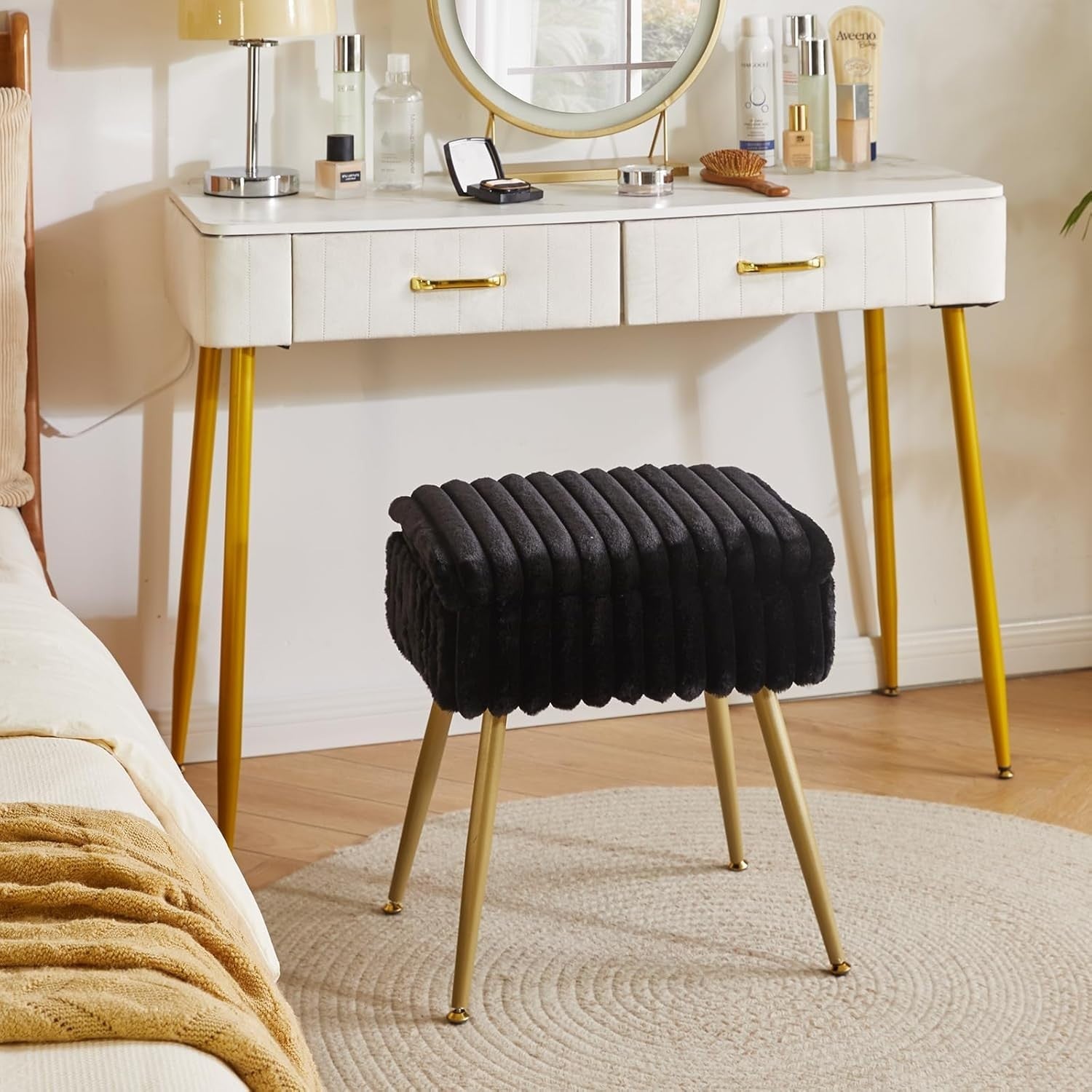 Black Velvet Vanity Stool with Storage – Rectangular Makeup Chair