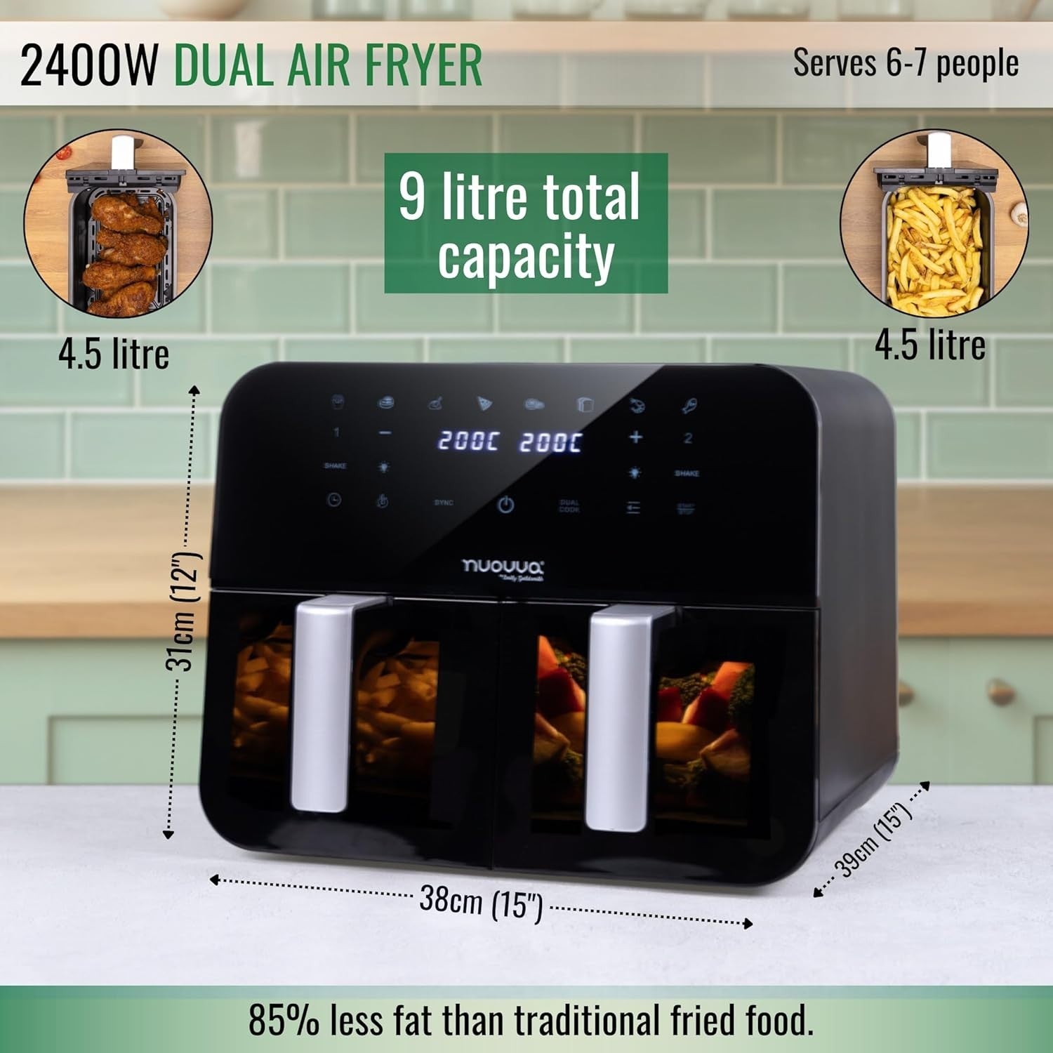 9L Dual Air Fryer Oven Touch Screen 2400W | 2 Zone Oil-Free Cooker