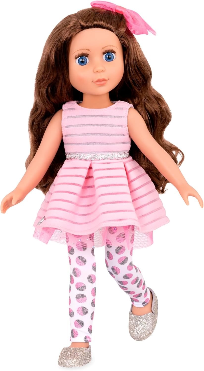 14in Poseable Fashion Doll Brown Hair Blue Eyes Pink Dress Toy
