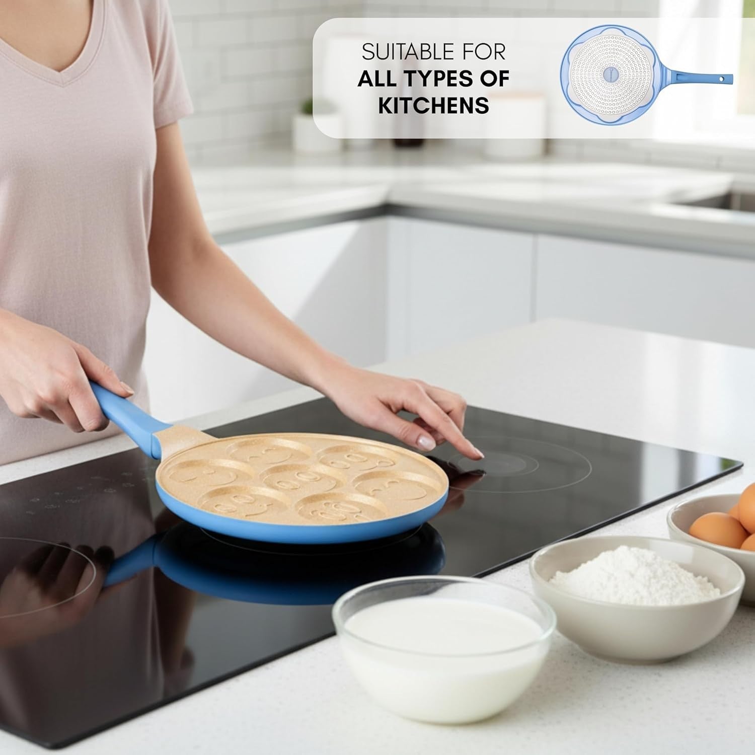 Non-Stick 7 Smiley Pancake Pan 26cm Crepe Maker Induction Safe Soft Grip Blue