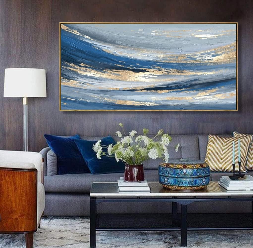 Blue Gold Abstract Canvas Wall Art – Large Framed Painting 40x20in