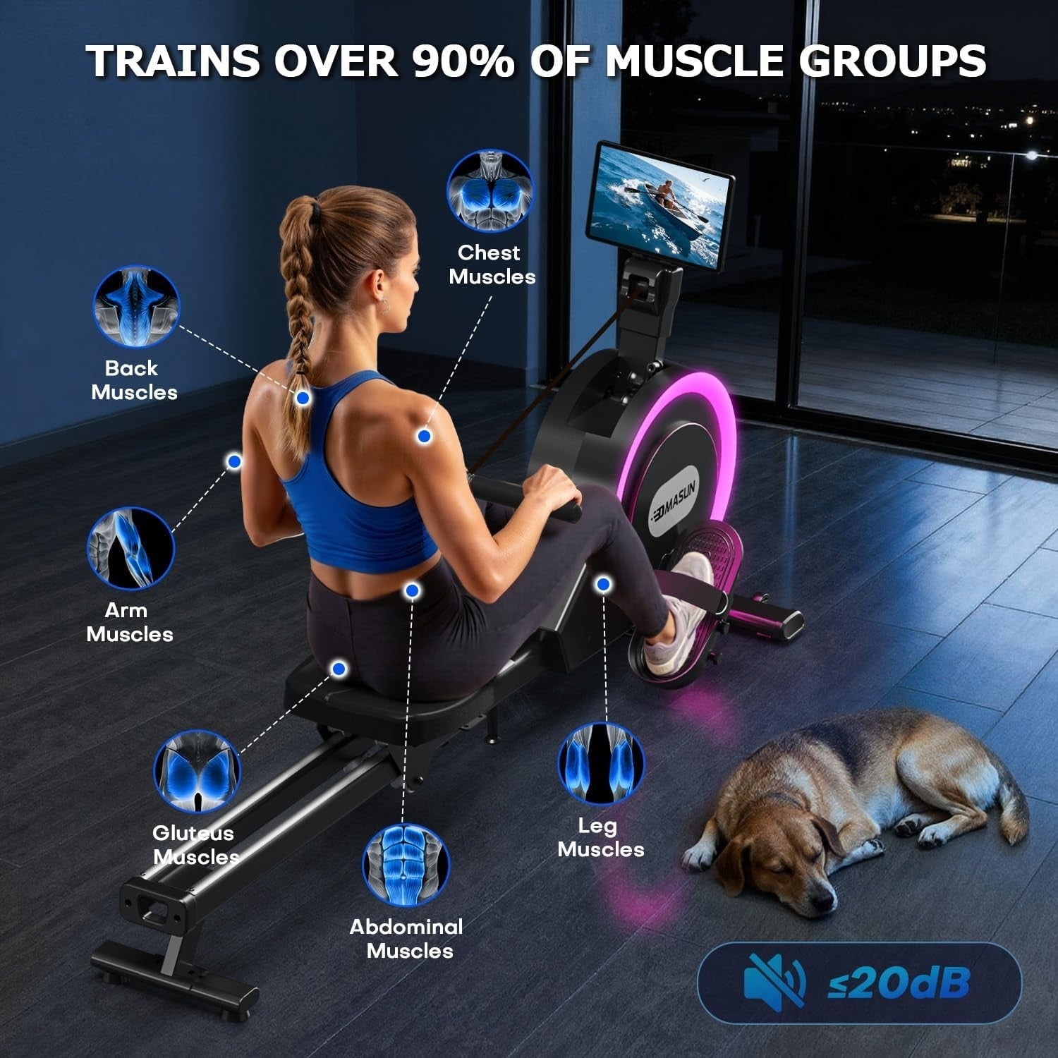Magnetic Rowing Machine 32-Level Silent Dual Rail Self-Powered Foldable Home