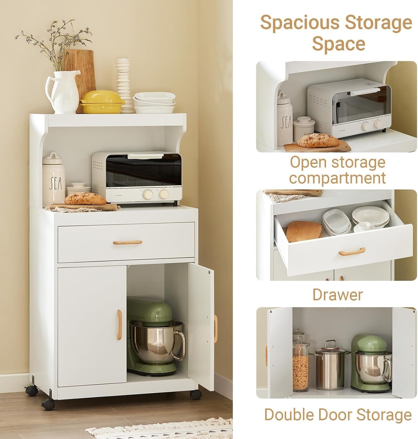 White Kitchen Trolley Cabinet Microwave Stand Storage Cart