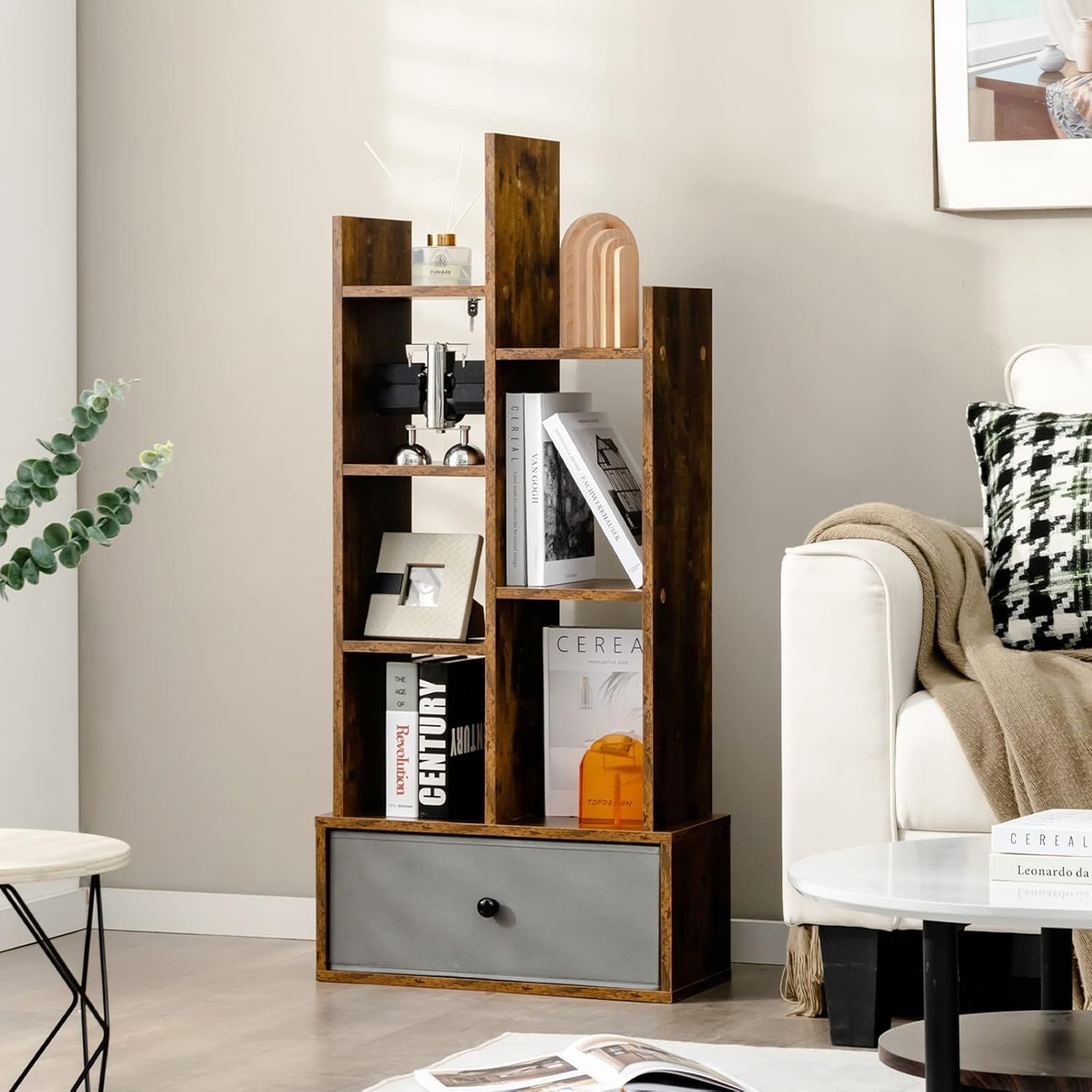 Rustic Brown Tree-Shaped Bookcase Tall 7 Cube Storage Shelf with Drawer