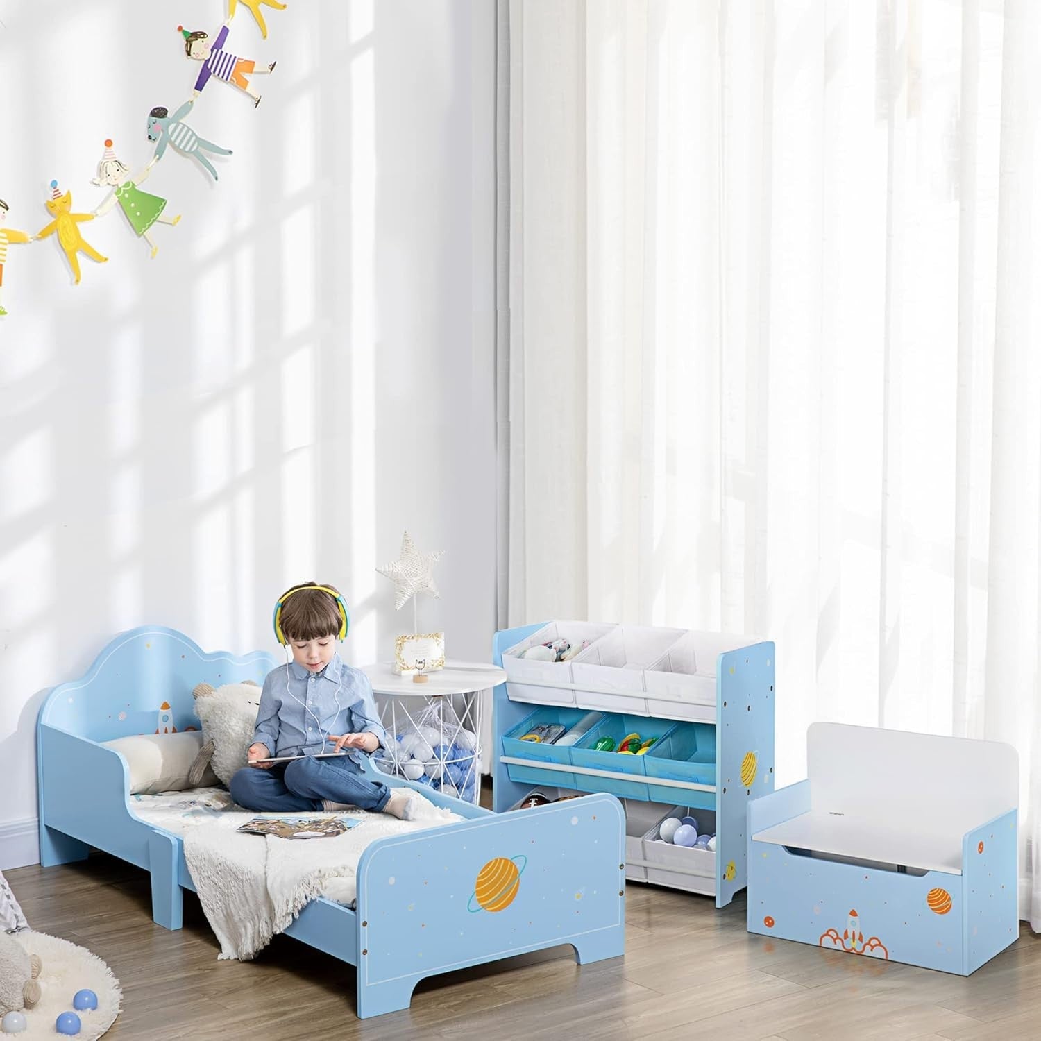 Kids Toddler Bed with Safety Rails Wooden Low Frame Boys Girls Bedroom Blue