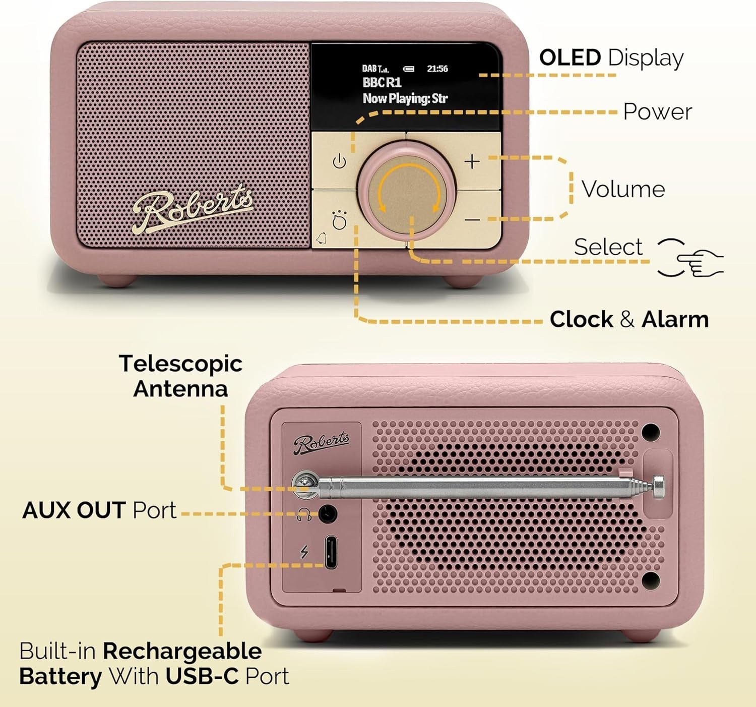 Portable FM DAB/DAB+ Digital Radio Bluetooth Speaker Dusty Pink