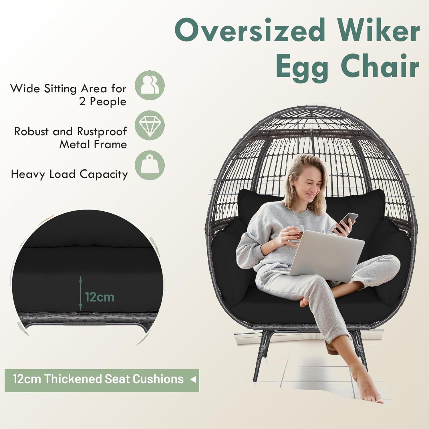 Black Two Seater Rattan Egg Chair Oversized Cushioned Freestanding Lounger