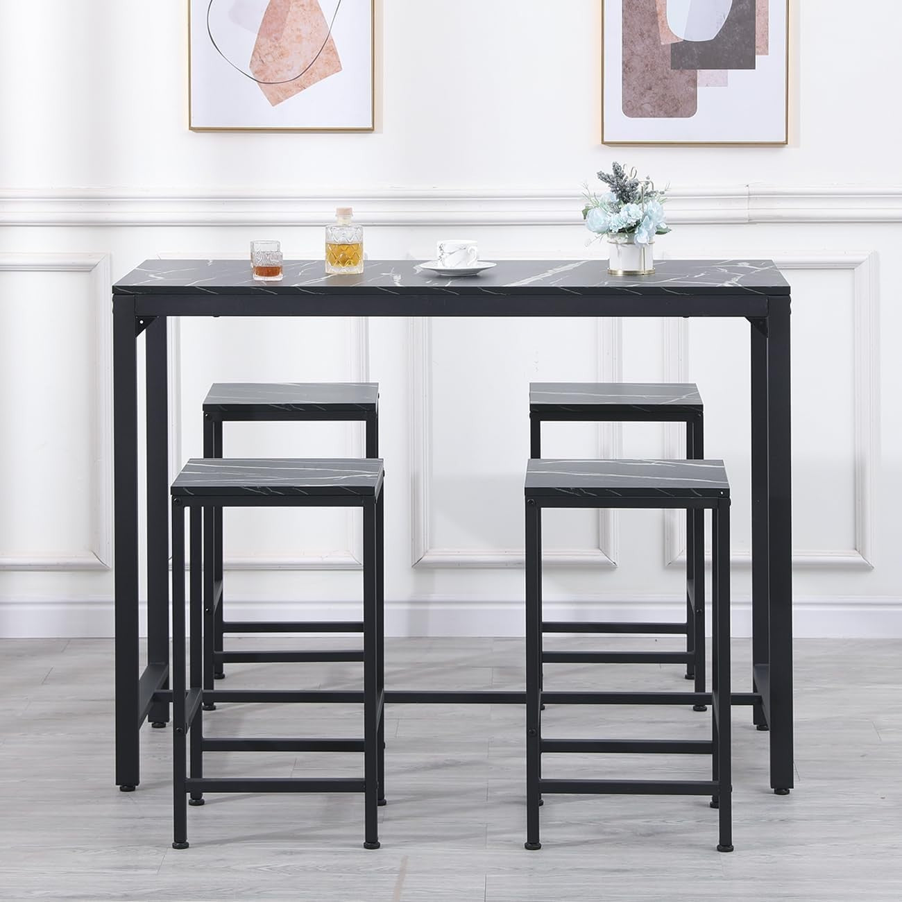 5Pcs Bar Table Set with 4 Stools Black Marble Top Dining Kitchen Unit Furniture