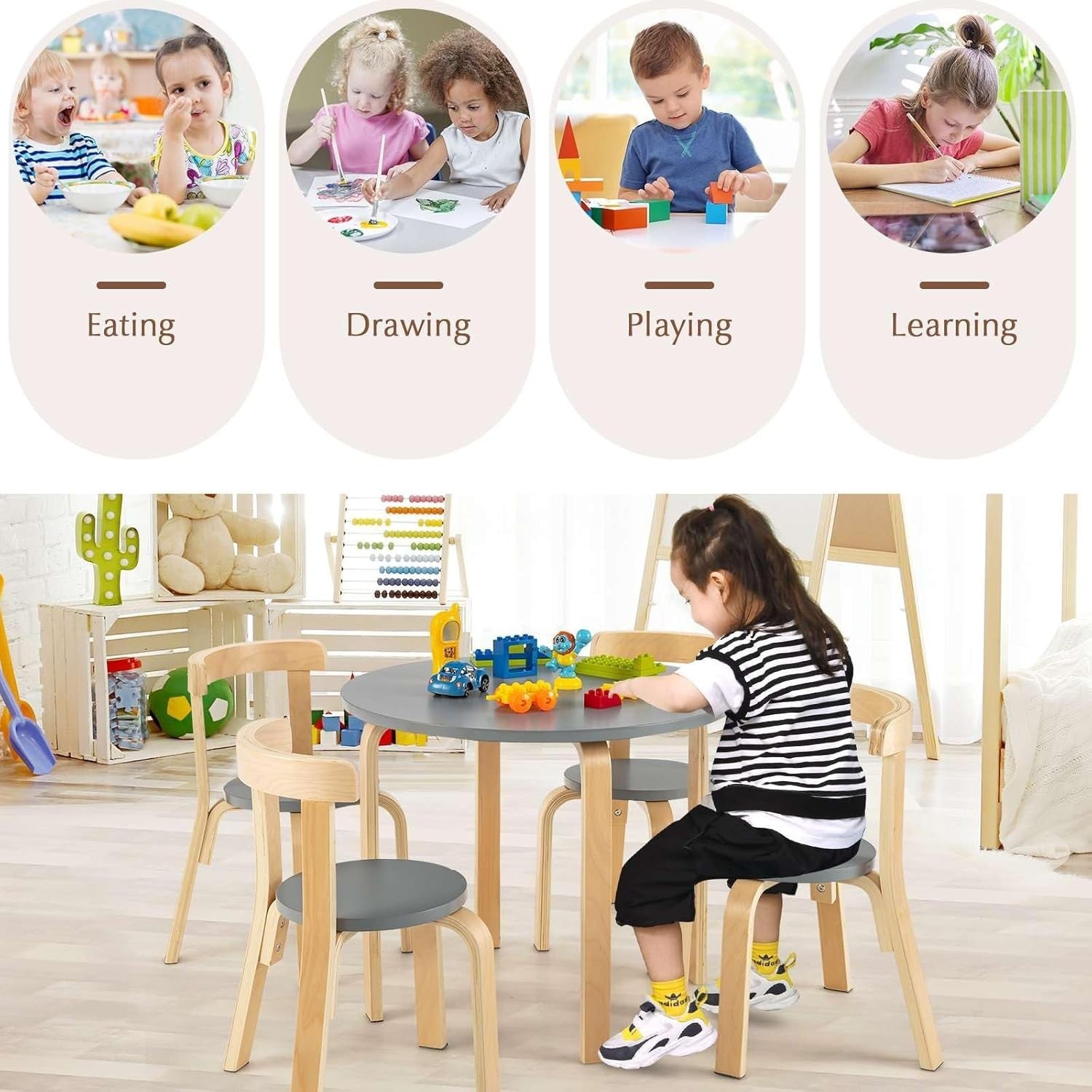 Kids Round Table & 4 Chairs Set Wooden Activity Desk Space-Saving Design