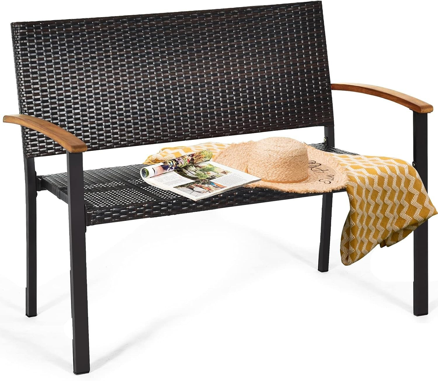 2 Seater Outdoor Rattan Garden Bench with Wood Armrests Patio Seating
