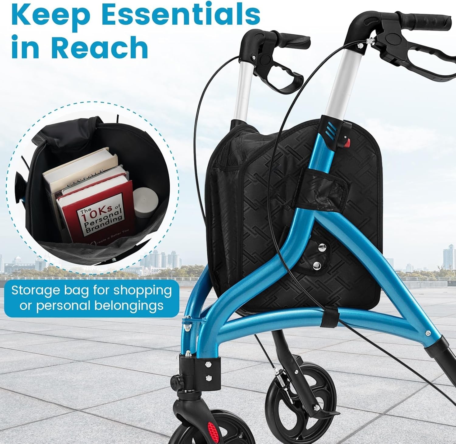 3 Wheel Folding Rollator Walker Lightweight Adjustable Mobility Aid with Brakes