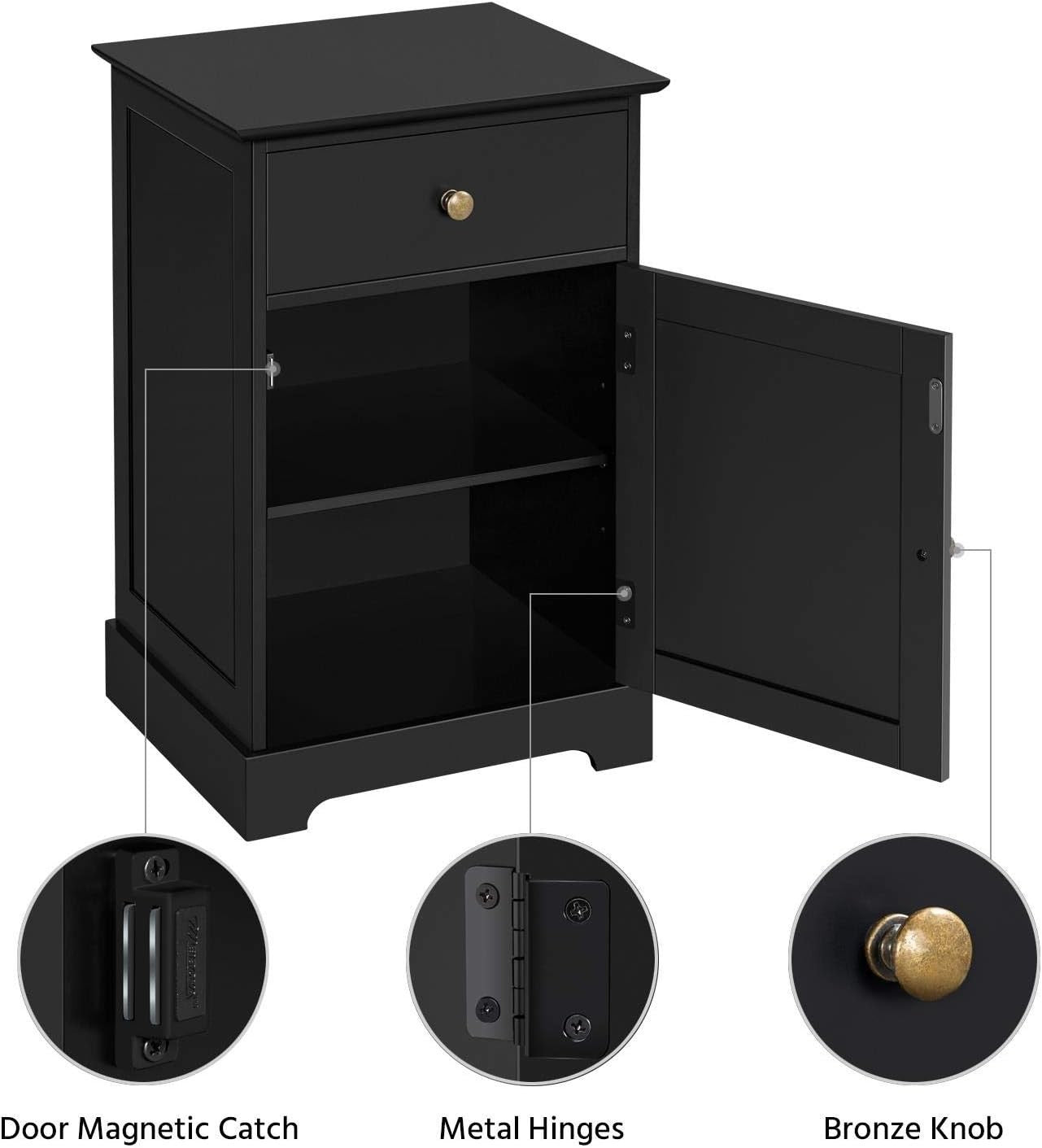 Black Wooden Bedside Tables Set of 2 with Drawer & Cupboard – Modern Nightstands