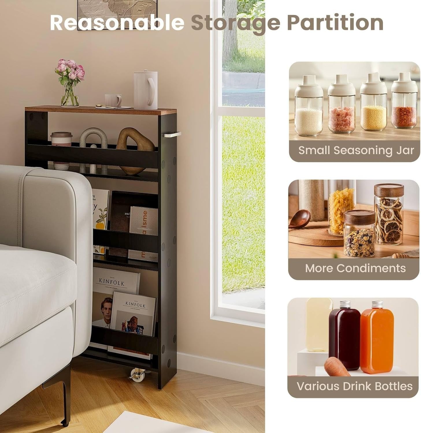 4 Tier Slim Kitchen Storage Trolley Rolling Cart Black Brown Narrow