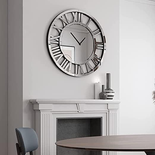 40cm Large Mirrored Wall Clock Modern Silver Roman Numeral Luxury Home Decor