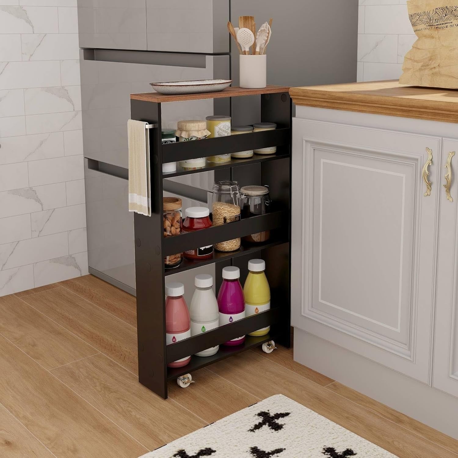 4 Tier Slim Kitchen Storage Trolley Rolling Cart Black Brown Narrow