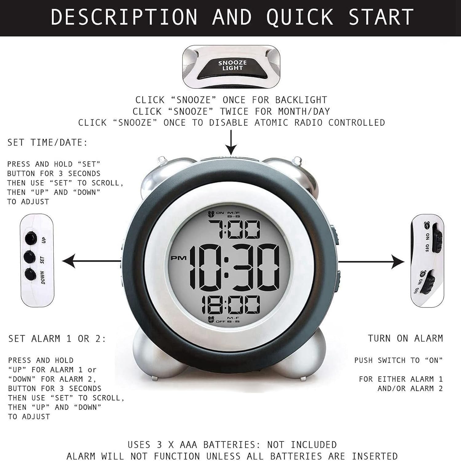 Loud Digital Alarm Clock Twin Bell Blue Backlight Heavy Sleepers Teens