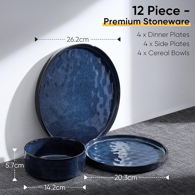 12pc Blue Stoneware Dinner Set Plates Bowls Reactive Glaze Service for 4