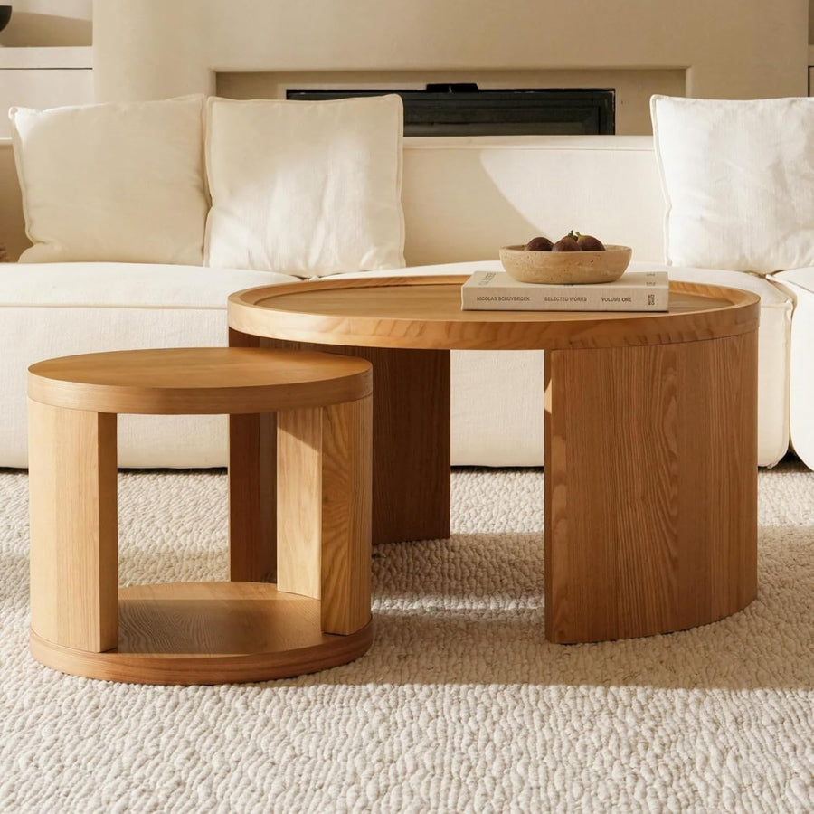 Set of 2 Round Coffee Tables, Pine Wood Side Tables, Natural 80/46cm