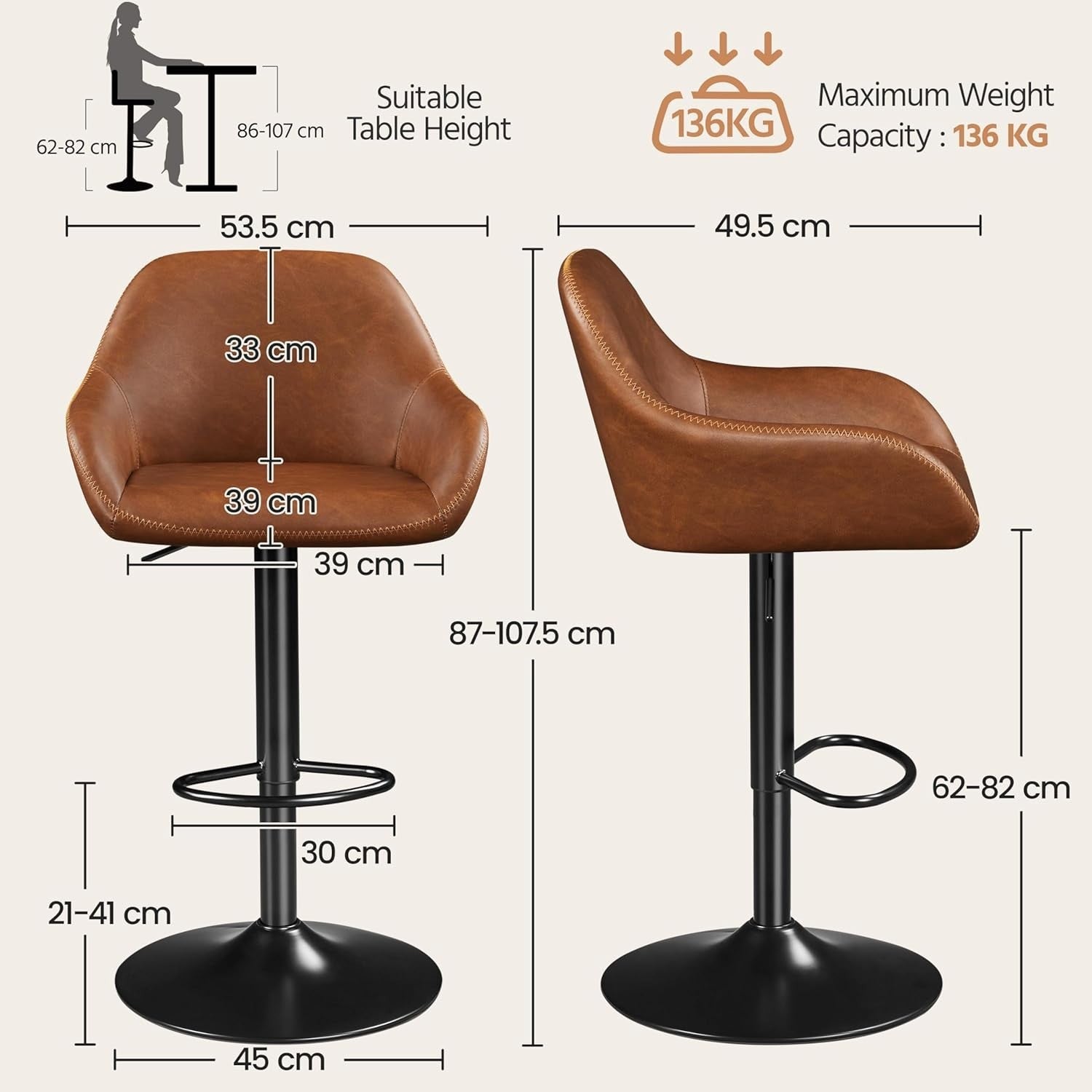 Height Adjustable Swivel Bar Stools Set of 2 PU Leather Vintage Brown