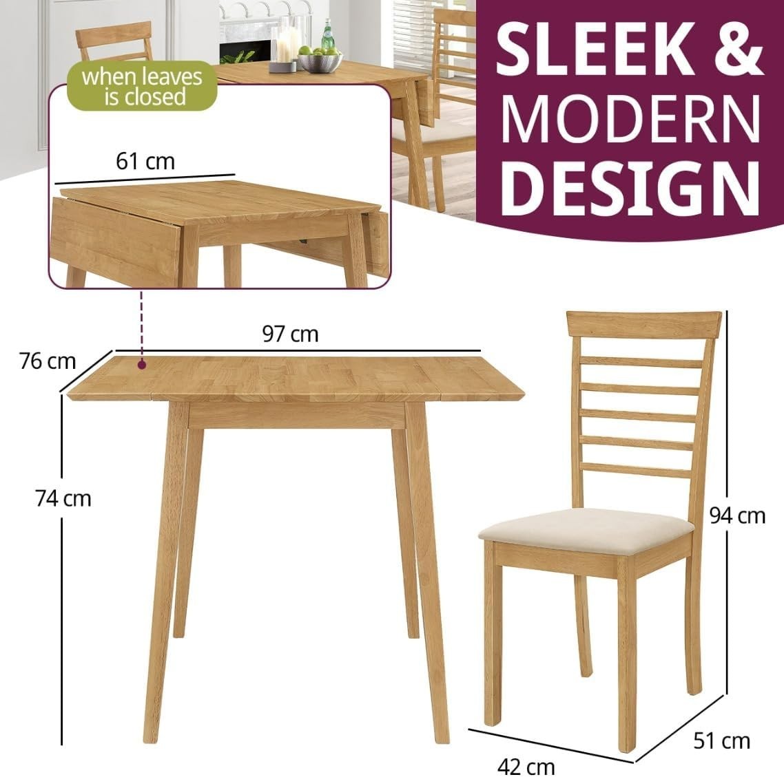 Small Drop Leaf Dining Table & 2 Chairs Oak Foldable Set for Home