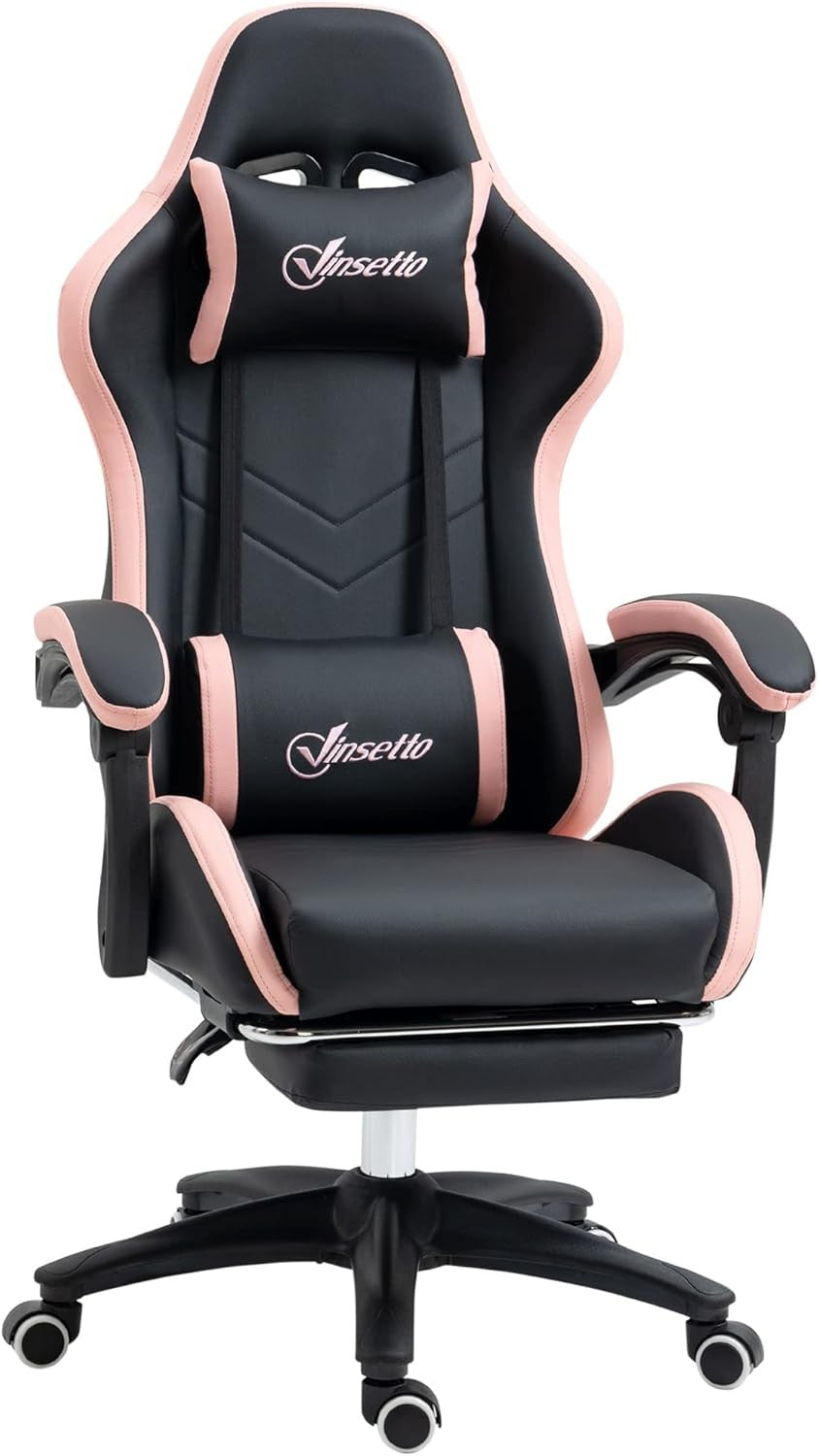 Gaming Chair PU Leather Recliner w/ Footrest 135° Swivel Black Pink