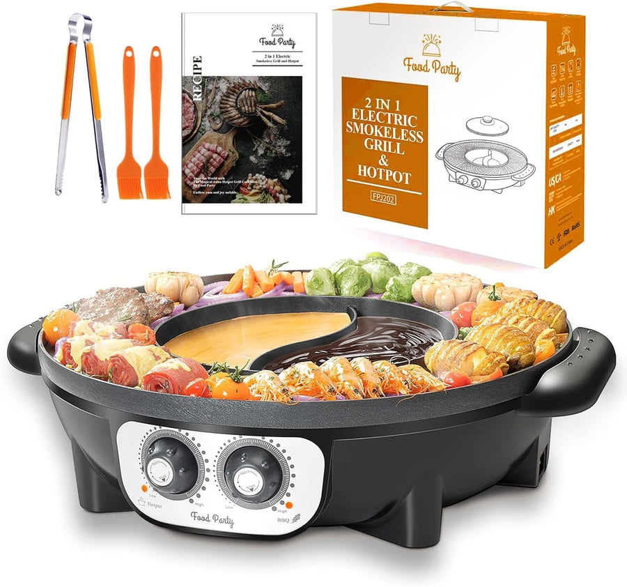 Electric Hot Pot BBQ Grill 2-in-1 2200W | Dual Control Shabu Shabu Cooker 50cm