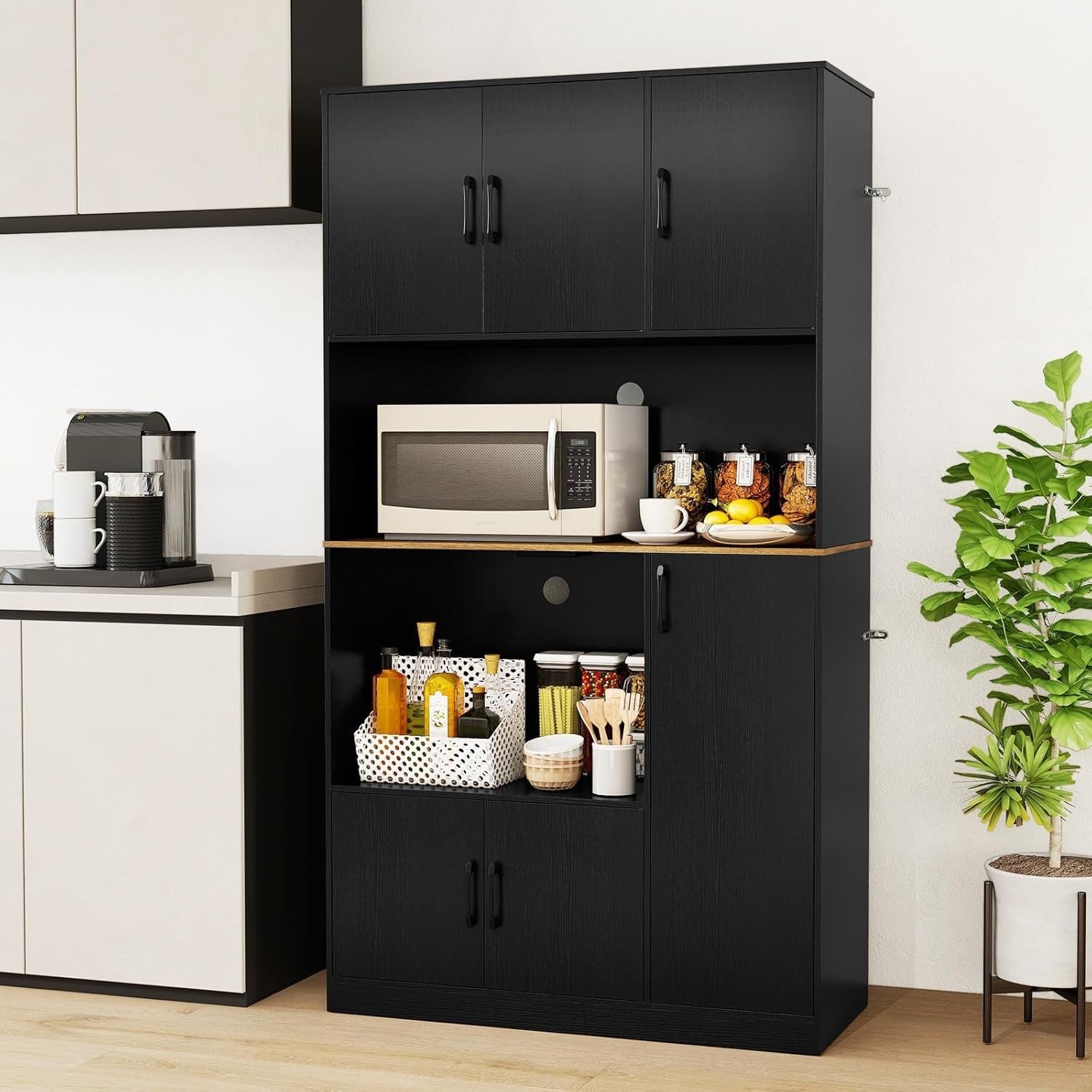 180cm Tall Kitchen Storage Cabinet 6-Door Pantry Black | Built-in Outlet