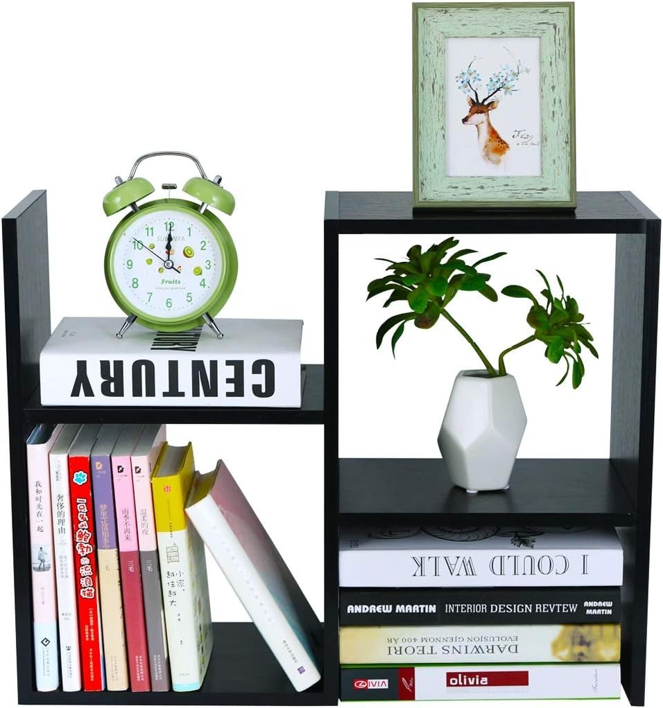 Adjustable Black Desktop Bookshelf 3-Tier Desk Organizer Storage Shelf