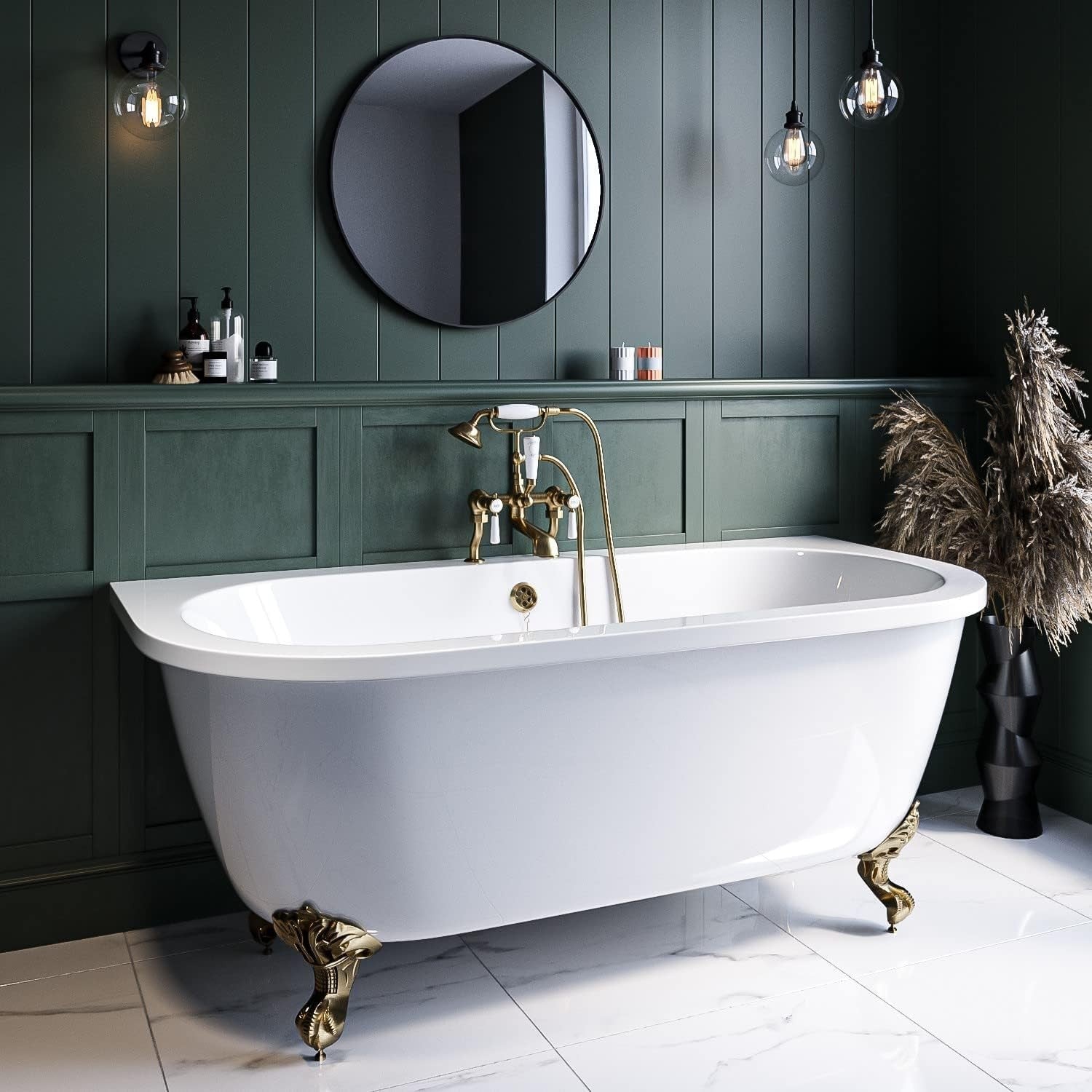 1700x745mm Freestanding Double Ended Back-to-Wall Bath Brass Feet White Acrylic