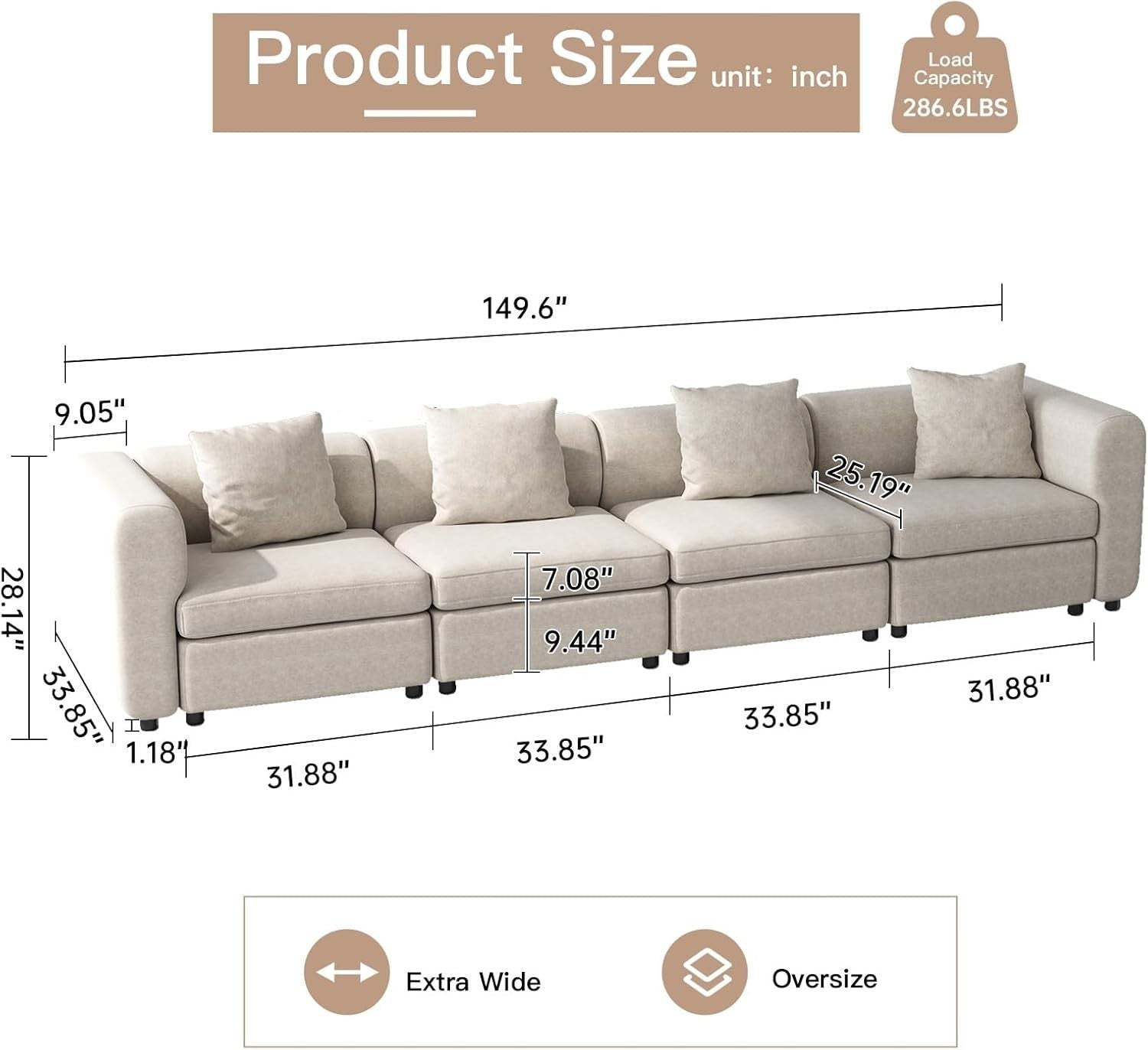 Oversized Velvet 4 Seater Sofa Beige Sectional 380CM Modern Comfy Couch