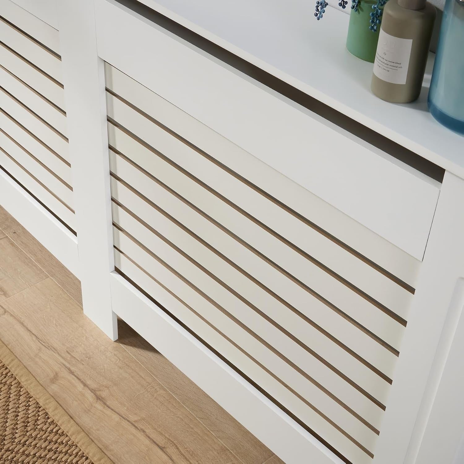 Extra Large White Radiator Cover Slatted Grill Wooden Cabinet 172x19x82cm Modern