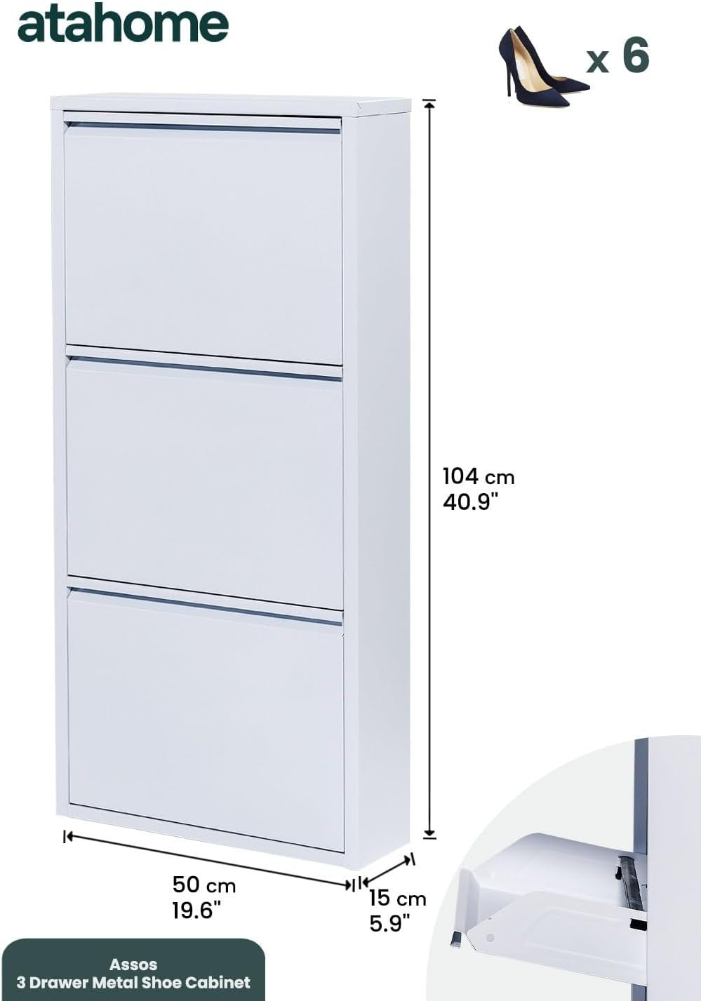 Slim Wall Mounted Shoe Cabinet 3 Drawer Metal Organizer White 104cm