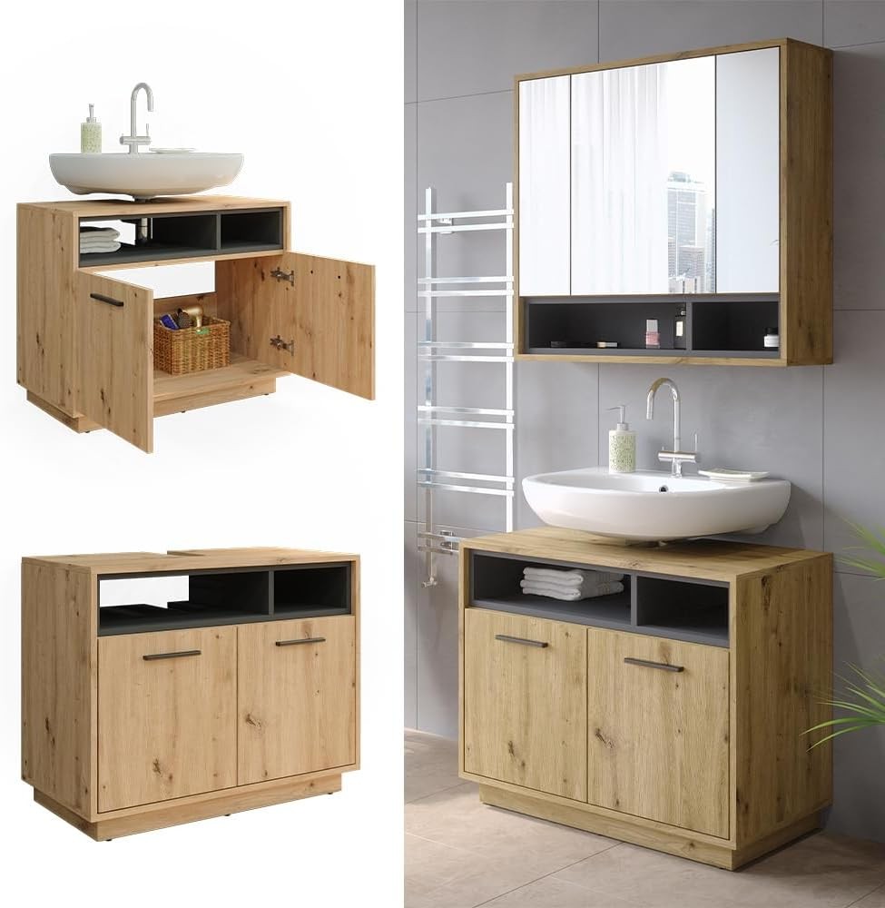 Oak Bathroom Sink Cabinet Vanity Storage Unit with Shelves 80x64cm Modern