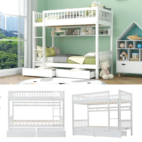 3FT Pine Bunk Bed Kids White Single with Storage Drawers & Shelf 90x190cm