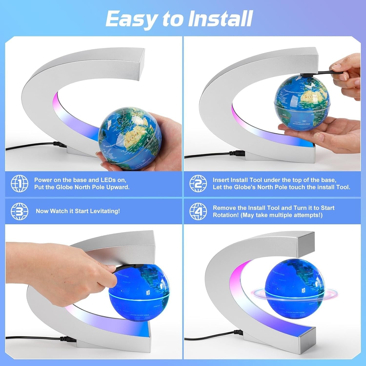 Magnetic Levitating Globe Silver LED Floating Desk Touch Lamp