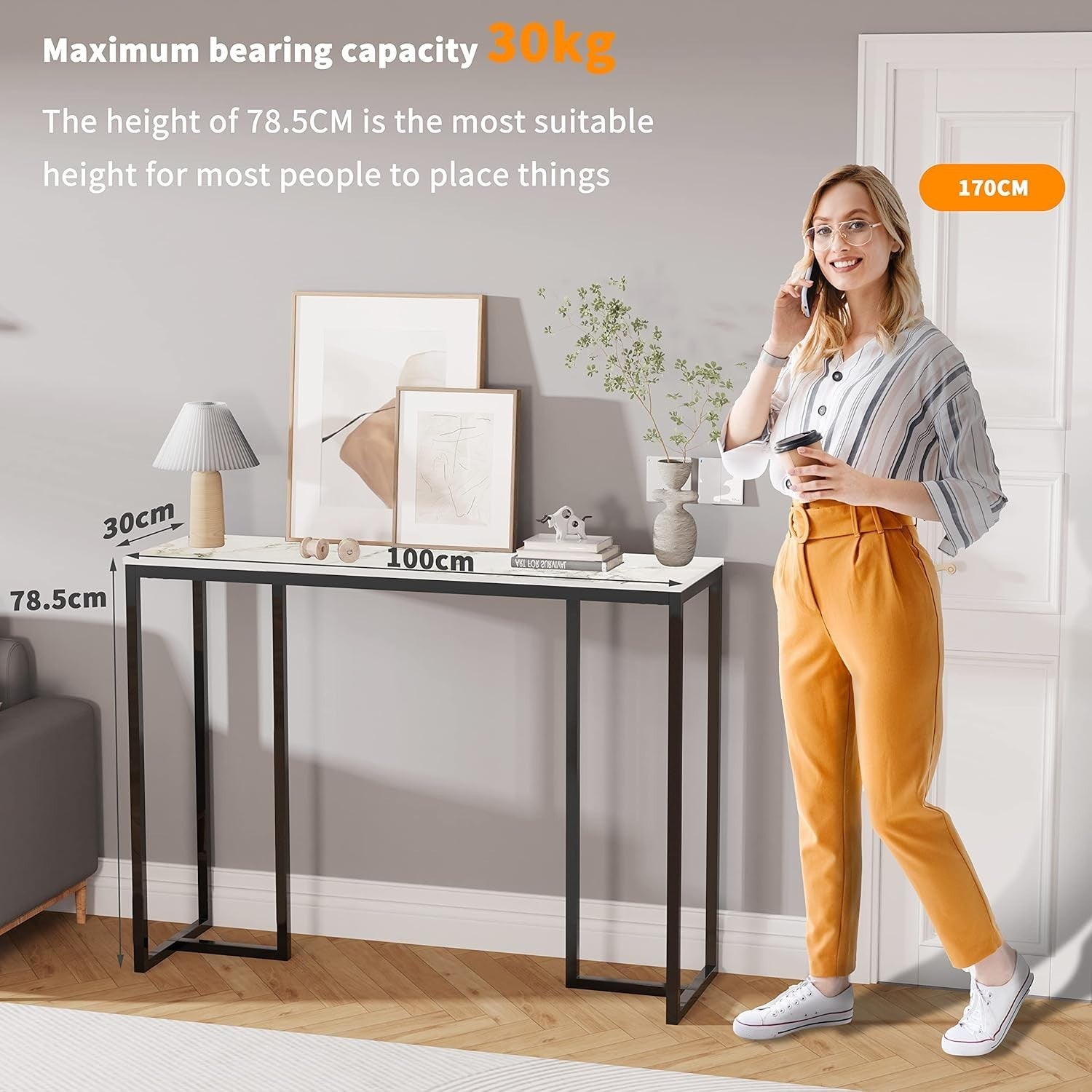 Slim Marble Console Table White Gold 100cm Entryway Desk Metal Legs Modern