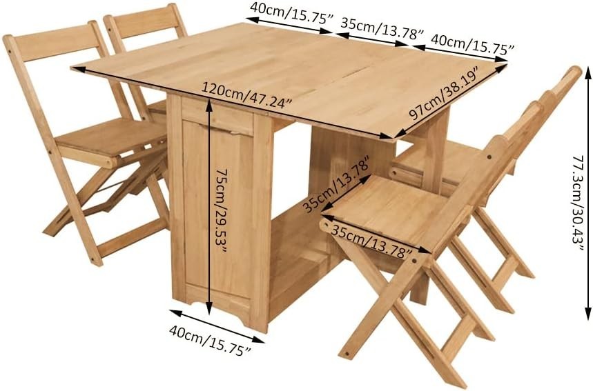 Foldable Dining Table with 4 Chairs Space Saving Butterfly Oak Set