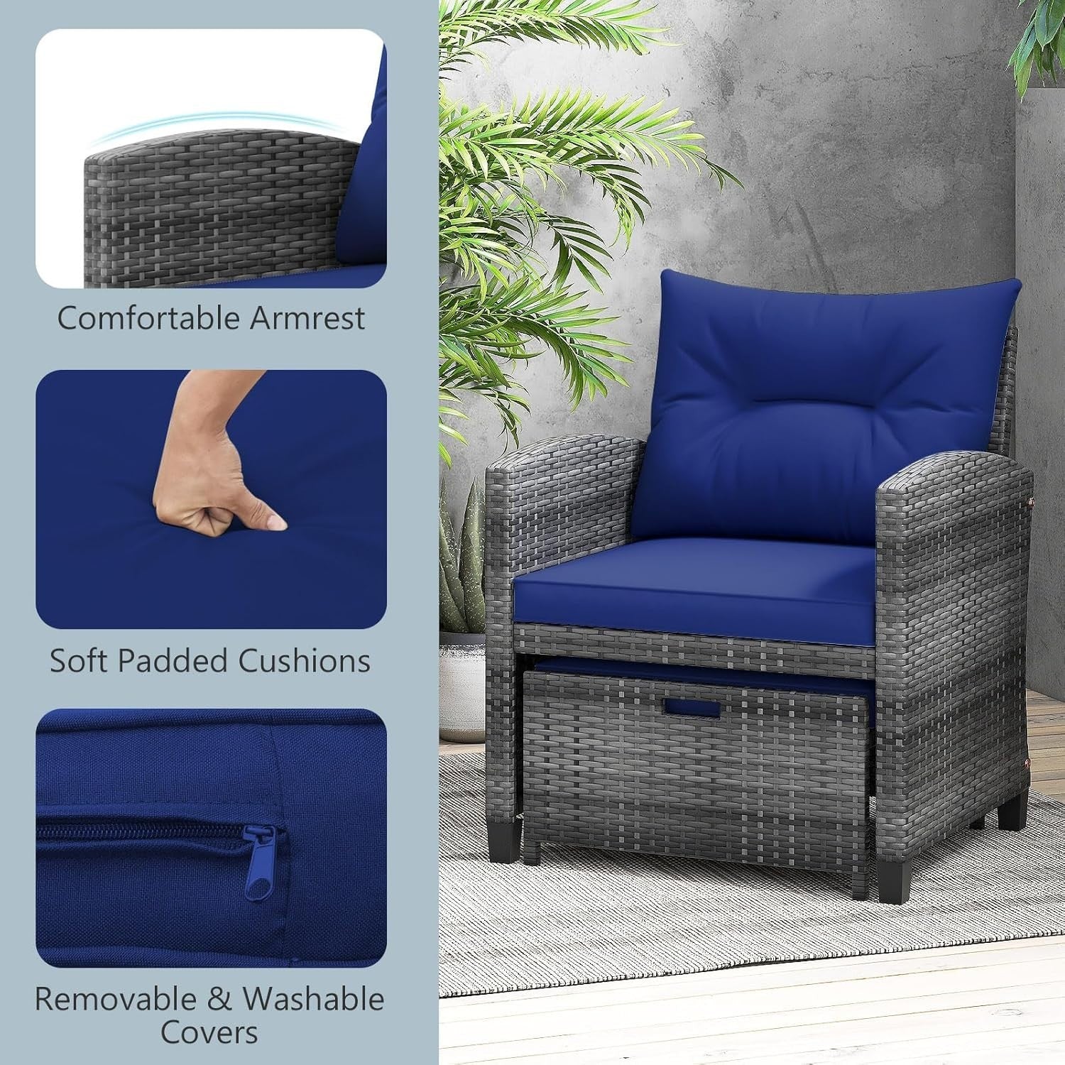 5 Piece Rattan Garden Furniture Set Navy Cushions Patio Sofa Chairs
