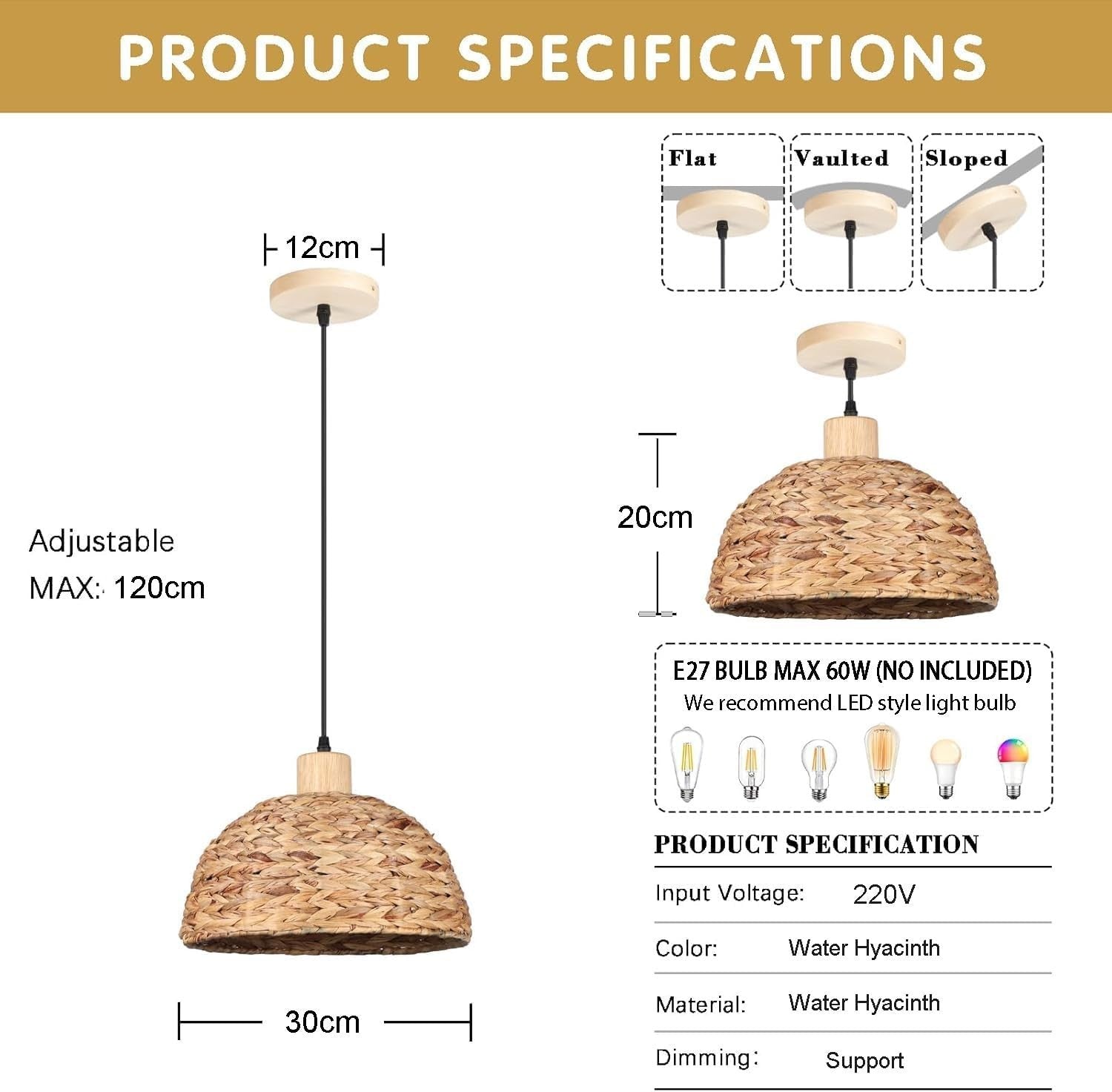 Boho Pendant Lamp Shade 30cm Water Hyacinth Woven Ceiling E27