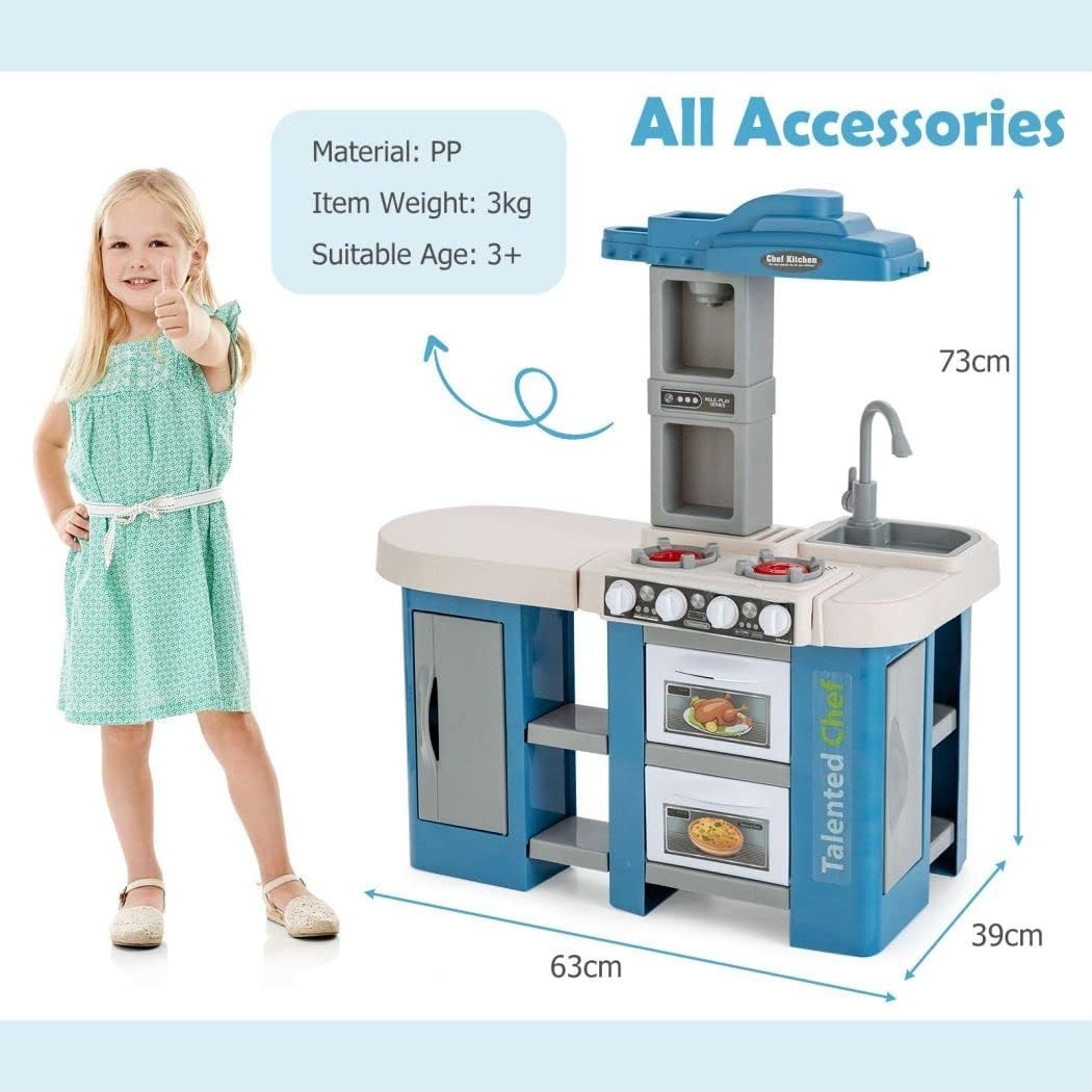 Kids Kitchen Playset w/ 67PCS Lights Sounds Steam Sink Blue Toy