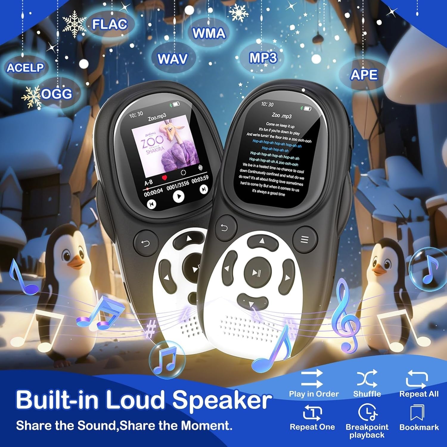 Kids MP3 Player 64GB Bluetooth 5.3 Penguin FM Speaker Recorder