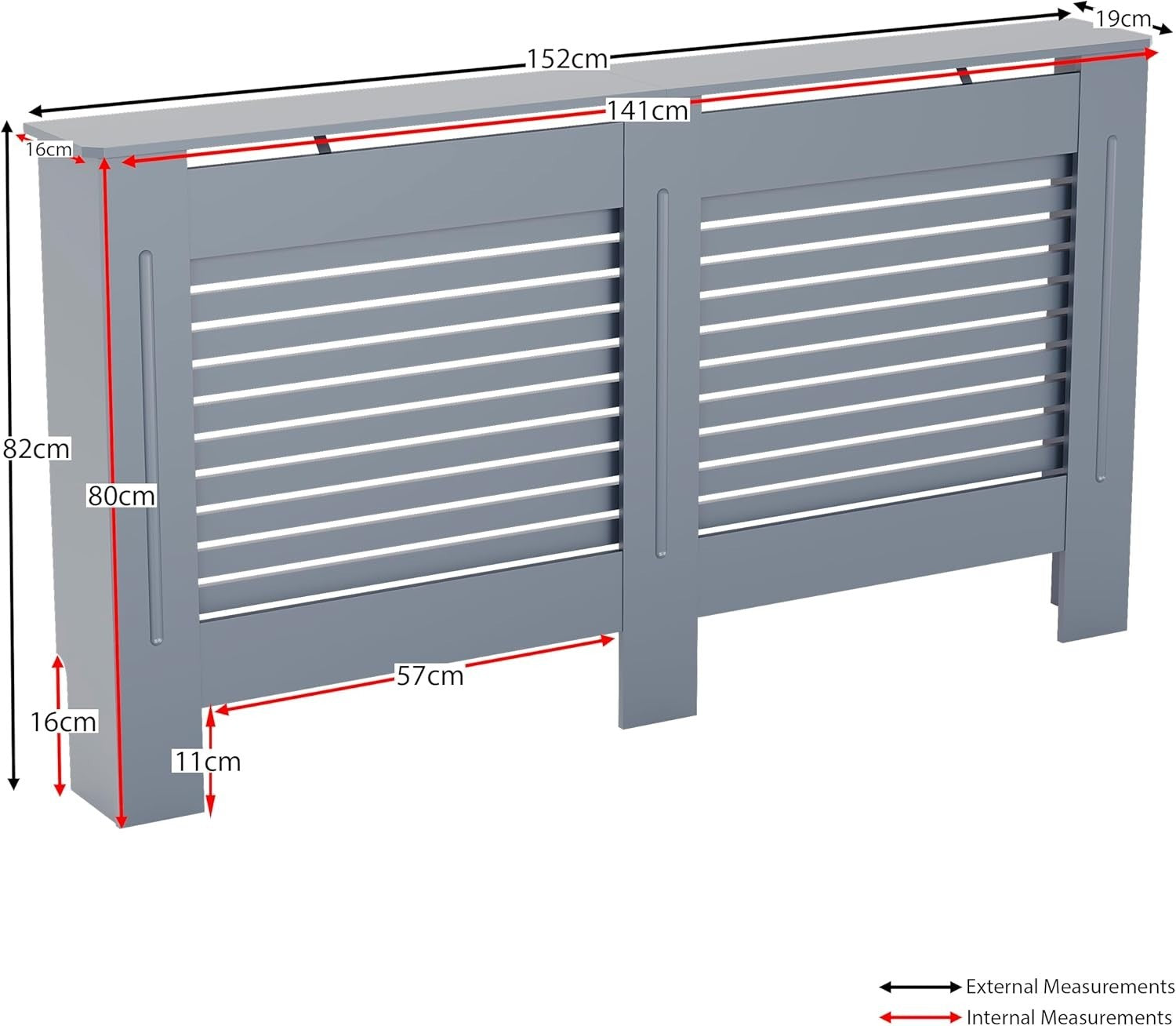 Large Grey Radiator Cover 141x80x16cm Modern MDF Slatted Cabinet