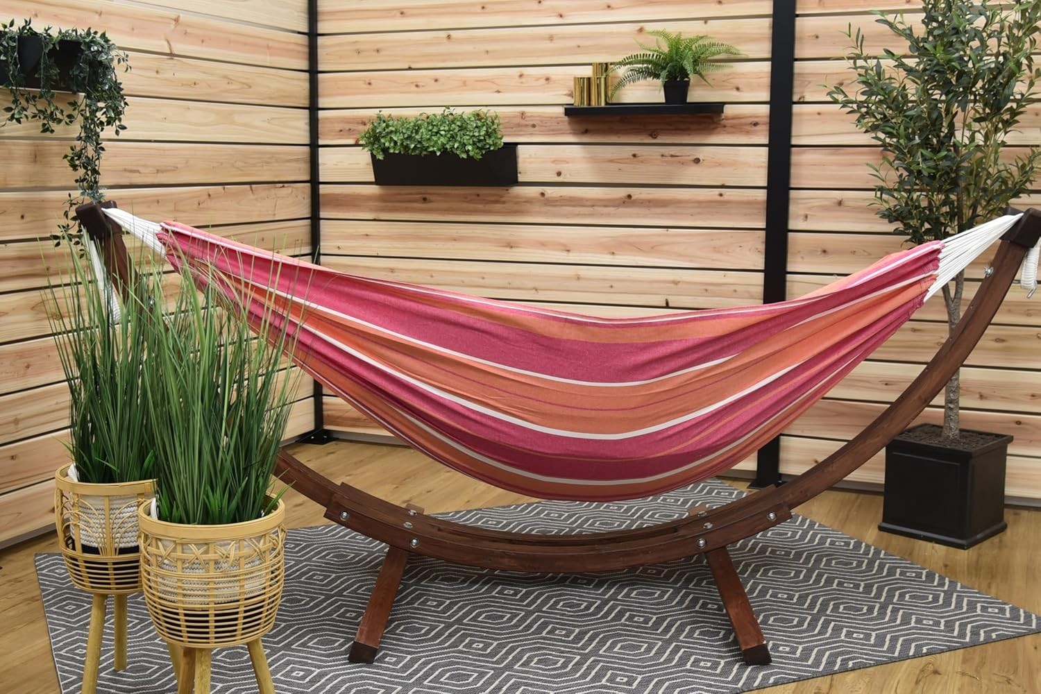 Double Cotton Hammock with Solid Pine Arc Stand | 2 Person 204kg Capacity | 254c