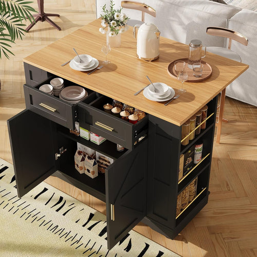 Kitchen Island Trolley with Foldable Worktop & 2 Drawers Black 120x40x90cm