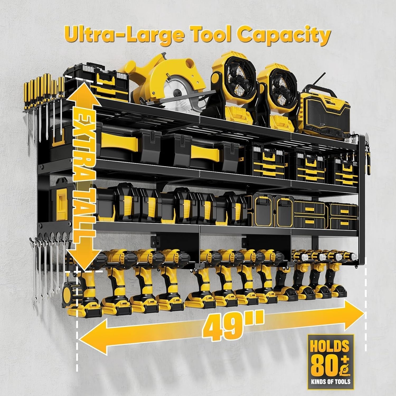 49" Wall-Mount Tool Organizer 4-Tier 12 Drills Holder Black