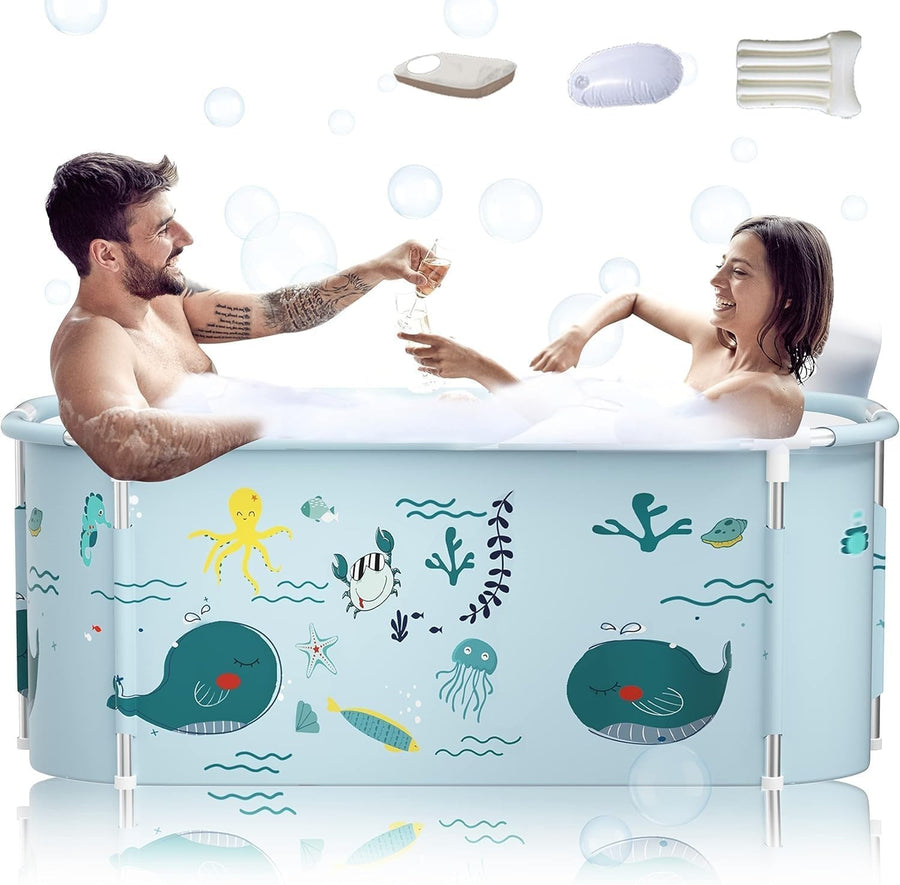 140cm Foldable Extra Large Adult Bath Tub Ocean Blue Metal Frame Portable Spa