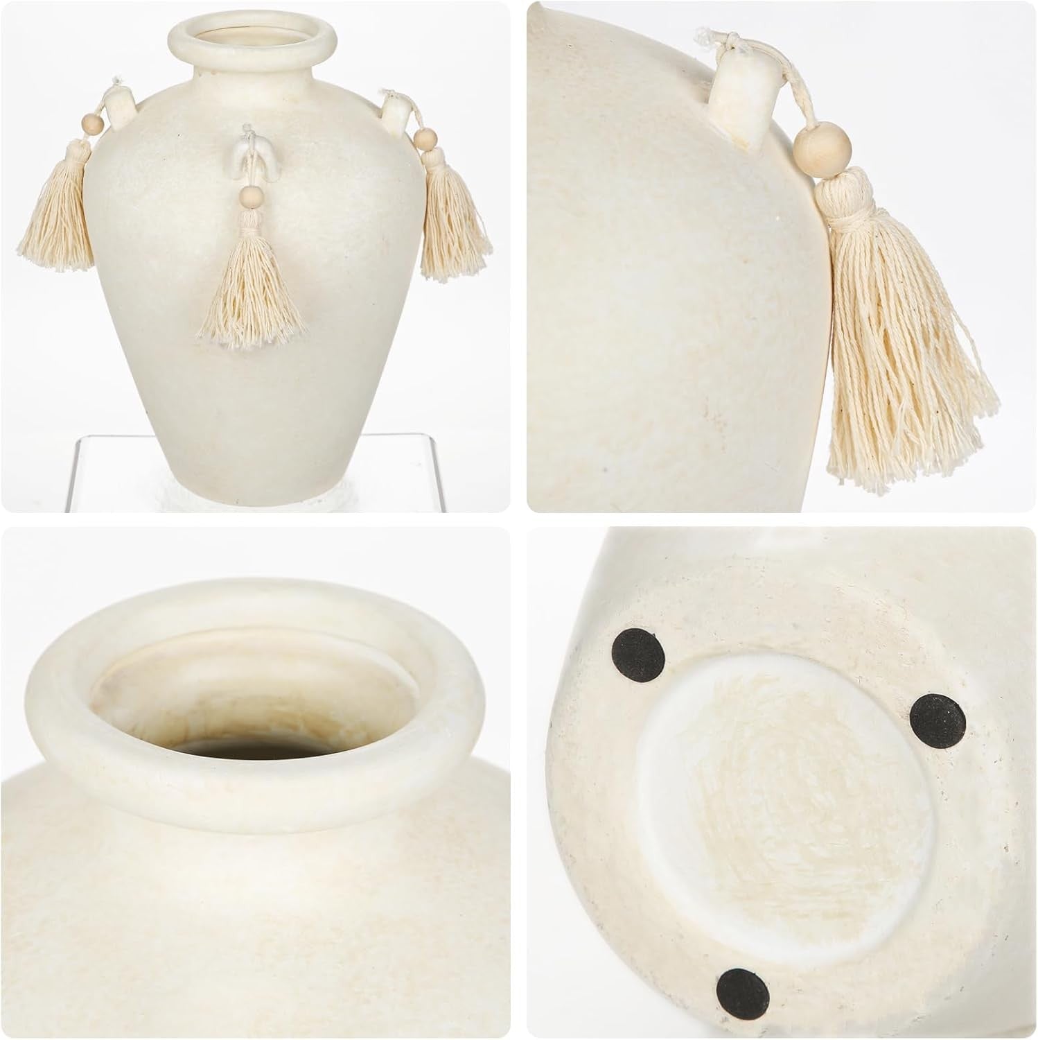 Beige Ceramic Vase with Tassels Boho Pampas Grass Rustic Home Decor 24cm