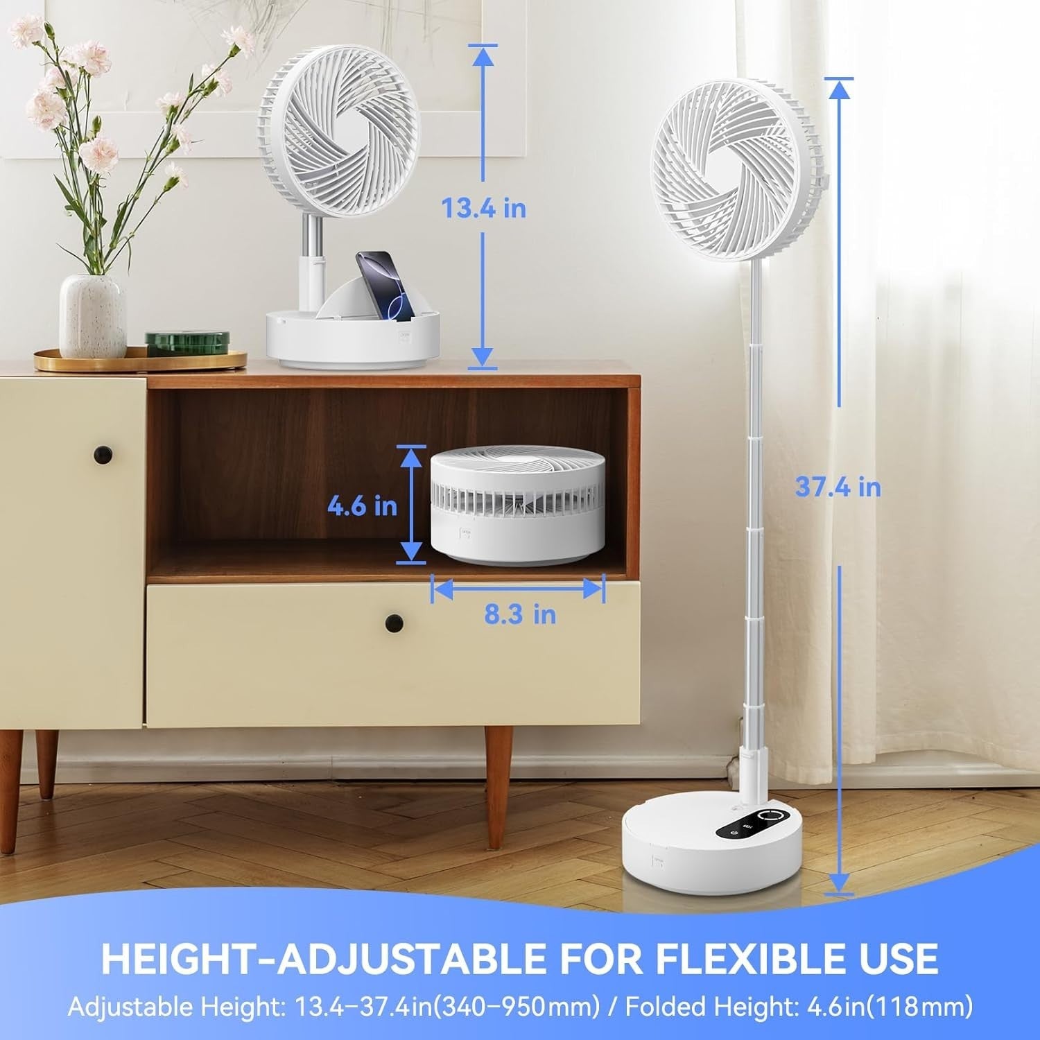 9.5" Portable Standing Fan – Rechargeable Folding Desk & Floor Fan White 4 Speed