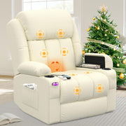 Power Lift Recliner Chair Massage Heat USB Ports Cup Holders Faux Leather Beige