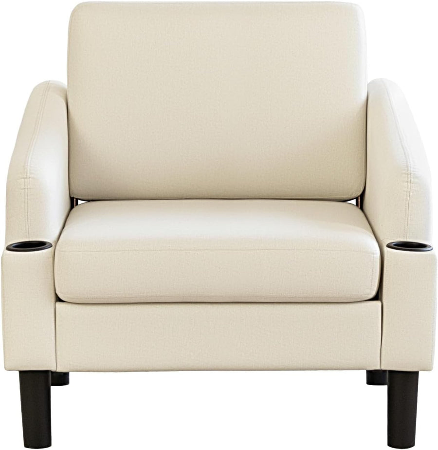 Beige Fabric Accent Armchair with Cup Holders – Comfy Living Room Seat